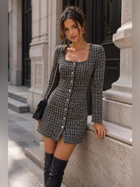 Sz 2 Melonie T Long Sleeve Tweed Button Up Dress NWT $89 MSRP
